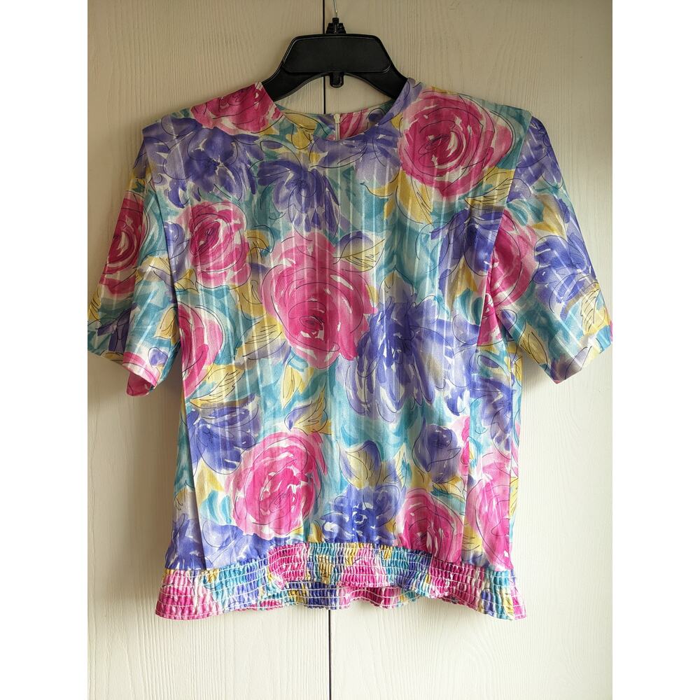 Graff Californiawear Women's Pink Purple Floral Pastel Short Sleeve Top Size 8